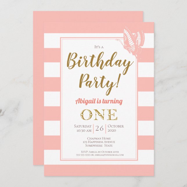 Peach White Gold Glitter 1st Birthday Party Invitation (Front/Back)