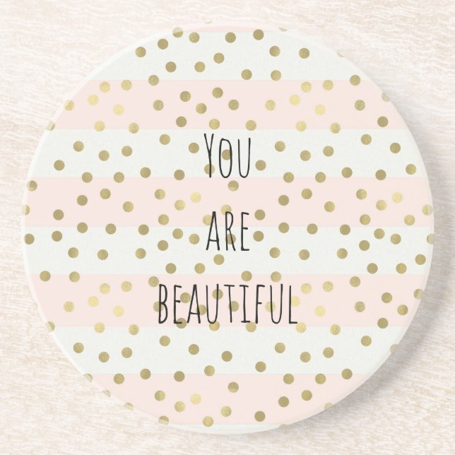 Peach White Gold Stripes Confetti Beautiful Coaster (Front)