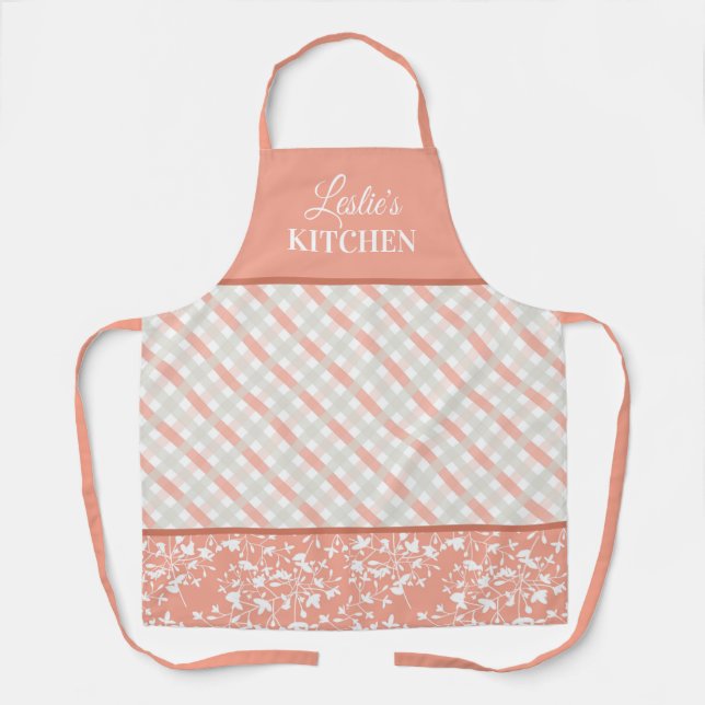 Peach White Gray Floral & Diagonal Plaid Monogram Apron (Front)