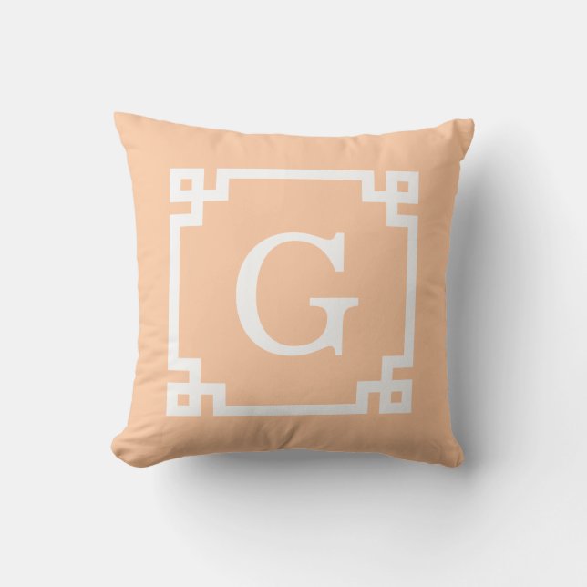 Peach White Greek Key Frame #2 Initial Monogram Cushion (Front)
