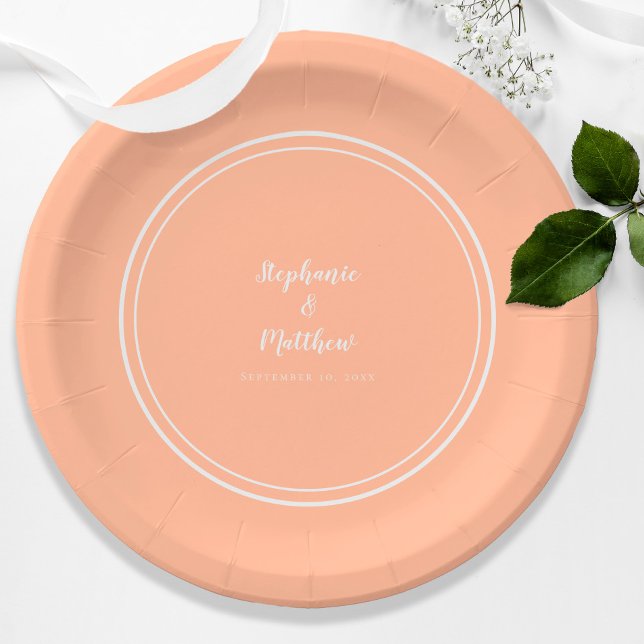 Peach White Modern Custom Bride & Groom Wedding  Paper Plate (Peach White Modern Custom Bride & Groom Wedding Paper Plates)