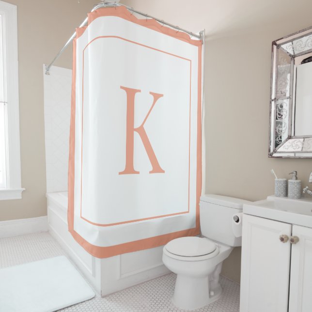  Peach &white Monogram initial Shower Curtain (In Situ)