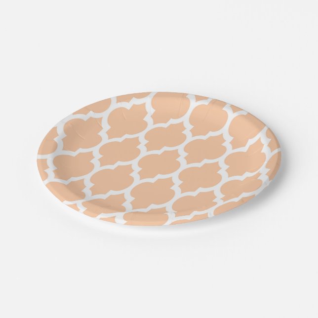 Peach White Moroccan Quatrefoil Pattern #4 Paper Plate (Angled)