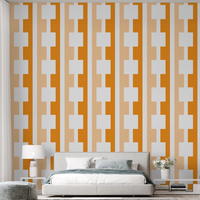 Peach White Orange Square Stripe Geometrical Shape Wallpaper (Bedroom)
