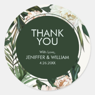 Peach White Peonies & Green Leaves Floral Wedding Classic Round Sticker