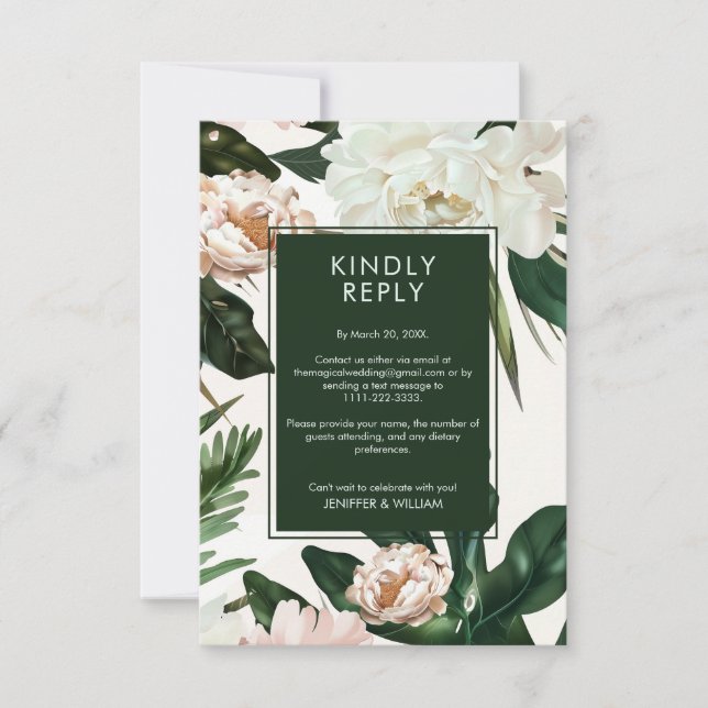 Peach White Peonies & Green Leaves Floral Wedding RSVP Card (Front)