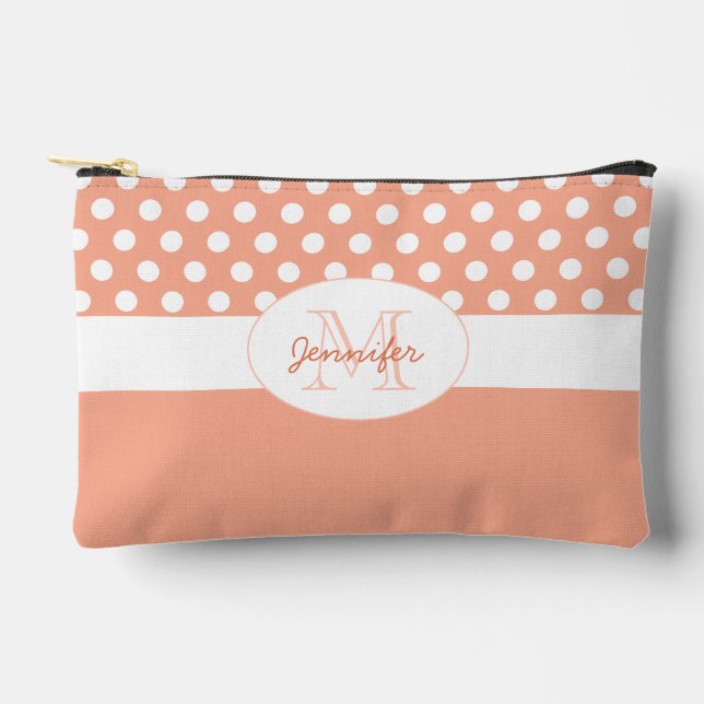 Peach White polka dots retro pattern Monogram Accessory Pouch (Front)