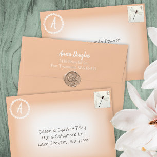 Peach White Pre-addressed 5x7 Invitation Monogram Envelope