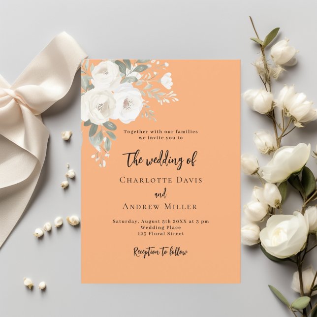 Peach white roses florals wedding invitation (Creator Uploaded)