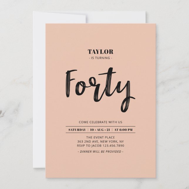 Peach & White Simple  Forty 40th Birthday Party Invitation (Front)