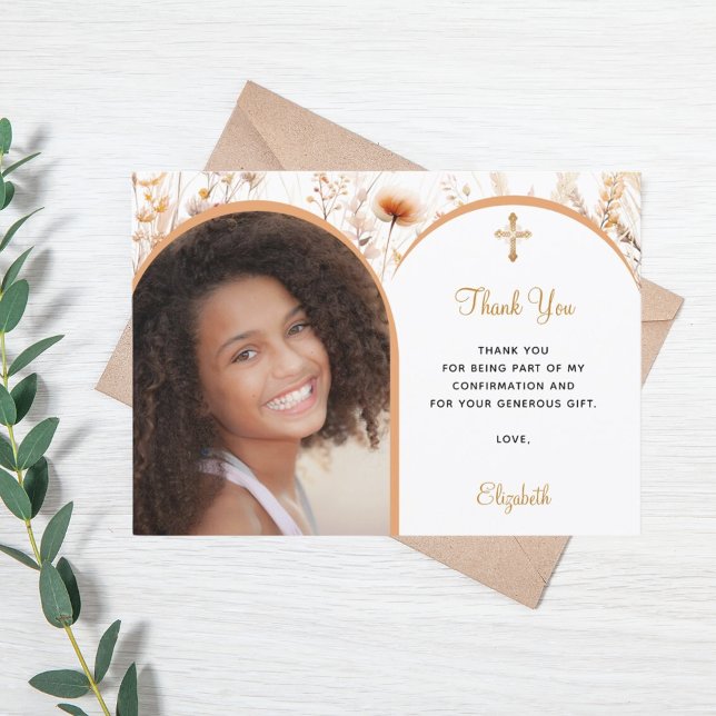 Peach wildflorals photo arch girl Confirmation Thank You Card (Creator Uploaded)