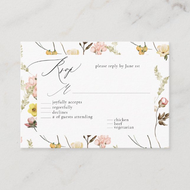 Peach Wildflower Floral Calligraphy Wedding RSVP Enclosure Card (Front)