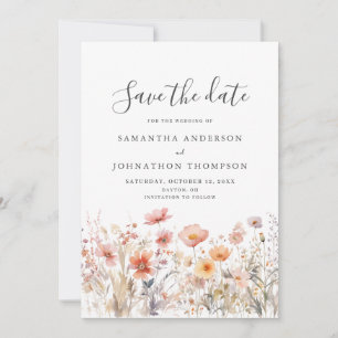 Peach Wildflower Floral Watercolor Wedding Flat Save The Date