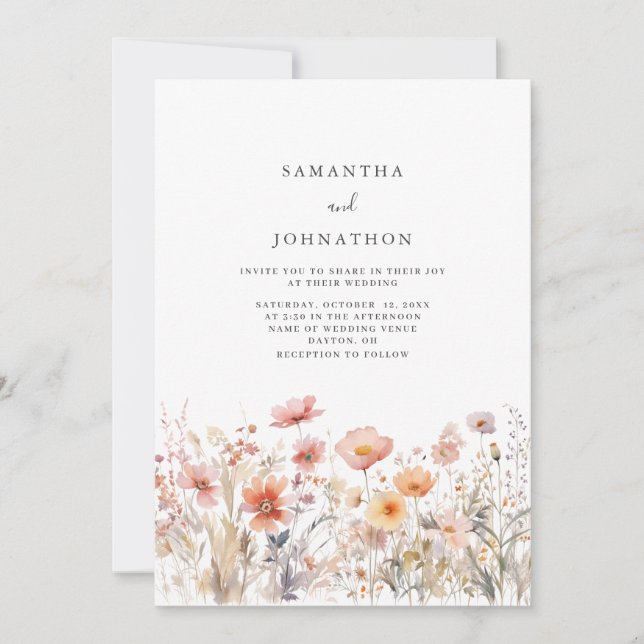 Peach Wildflower Floral Wedding Invitation (Front)