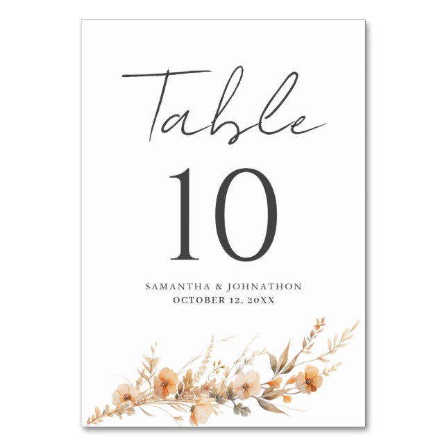 Peach Wildflower Floral Wedding Table Card (Front)