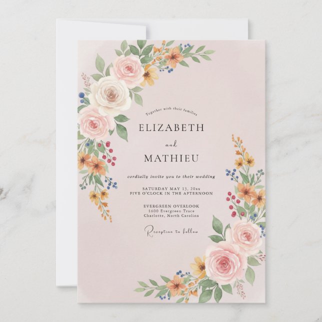 Peach Wildflower Leafy Wedding Invitation (Front)