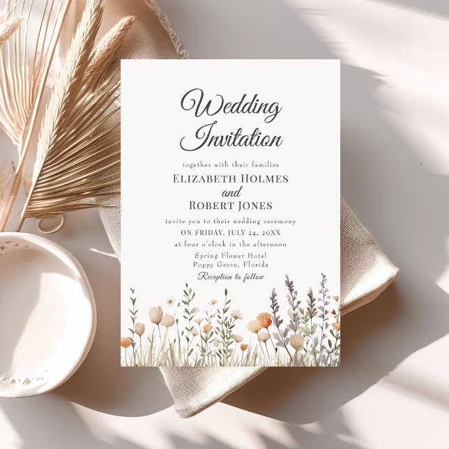 Peach Wildflower Meadow Wedding Invitation (Peach Wildflower Meadow Wedding Invitation on neutral boho table with dry flowers.)