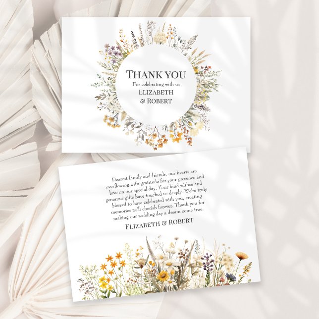Peach Wildflower Meadow Wedding Thank You Card (Peach Wildflower Meadow Wedding Thank You Card on a sunny white table with neautral dry palm leaf.)