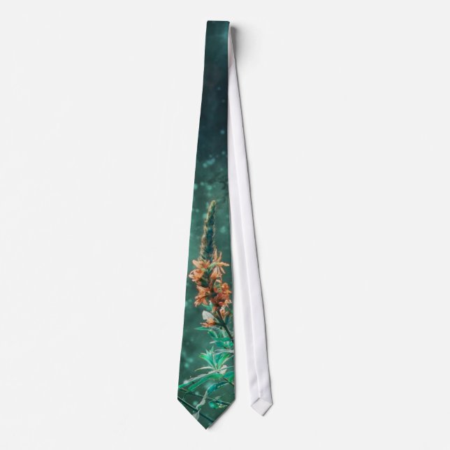 Peach Wildflowers Against Jade Star Filled Sky Tie (Front)