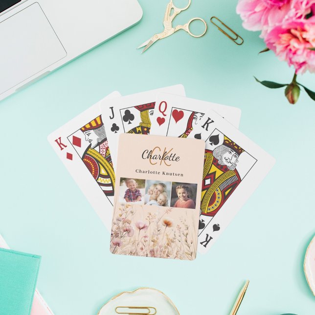 Peach wildflowers photo collage monogram playing cards (Creator Uploaded)