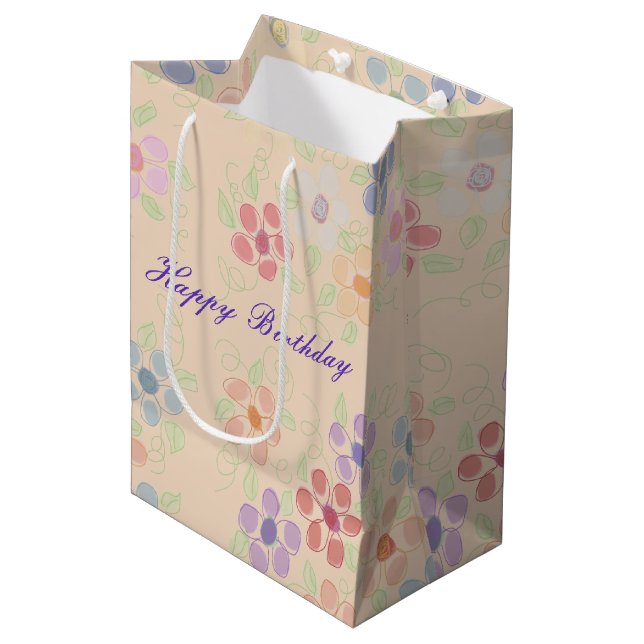 Peach With Flower Print Medium Gift Bag (Front Angled)