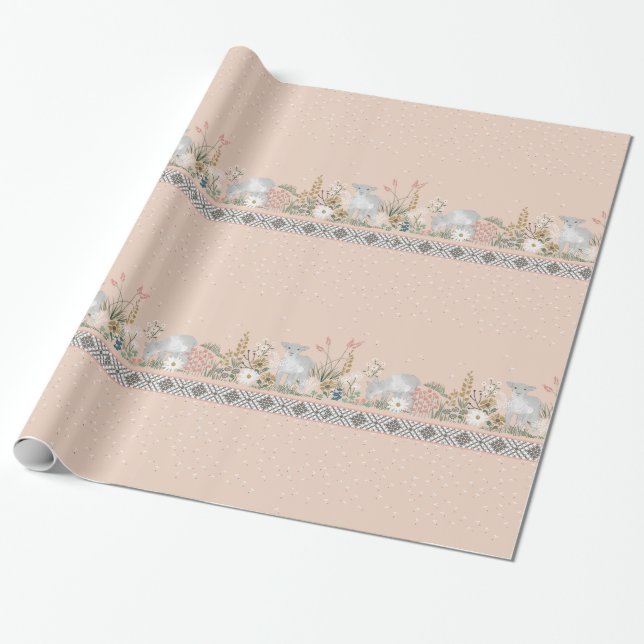 Peach Woodland Lamb Wrapping Paper (Unrolled)