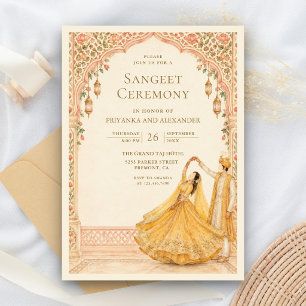 Peach Yellow Bride Groom Dancing Sangeet Ceremony Invitation