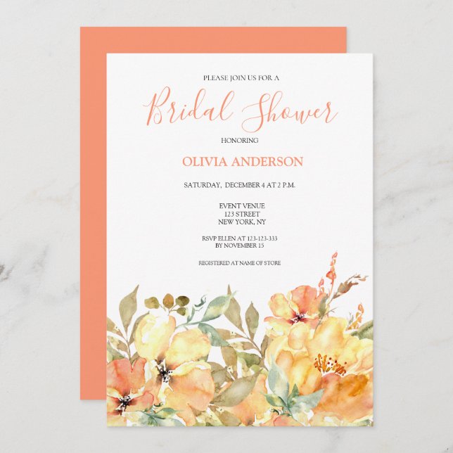 Peach Yellow Floral Bridal Shower  Invitation (Front/Back)