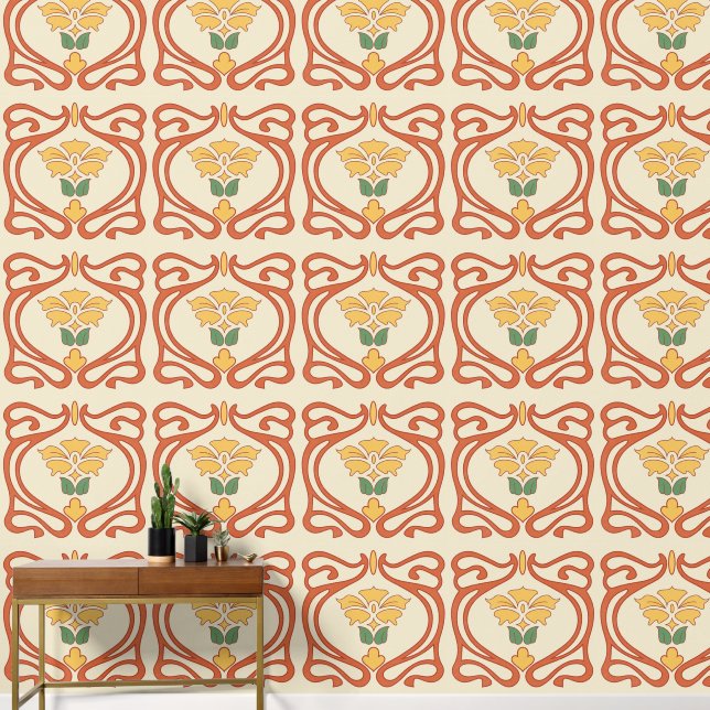 Peach Yellow Green Art Nouveau Tile Wallpaper (Hallway)