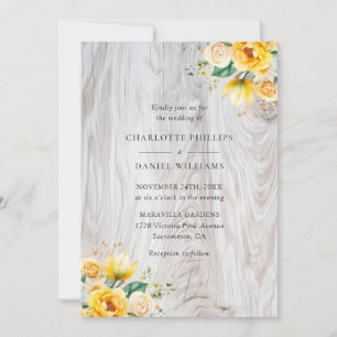 Peach Yellow Light Rustic Wood Floral Wedding Invitation