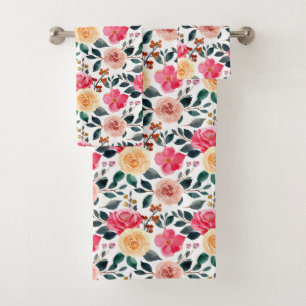 Peach Yellow Pink Greenery Girly Floral Pattern Bath Towel Set