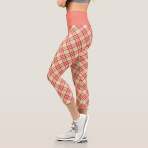 Peach Yellow Plaid Pastel Pattern Vintage Tartan Capri Leggings
