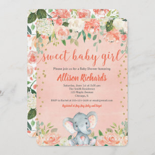 Peaches and cream elephant baby shower invitations