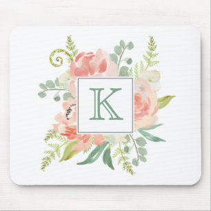 Peaches and Cream Watercolor Floral with Monogram Mouse Pad