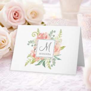Peaches and Cream Watercolor Floral with Monogram Note Card