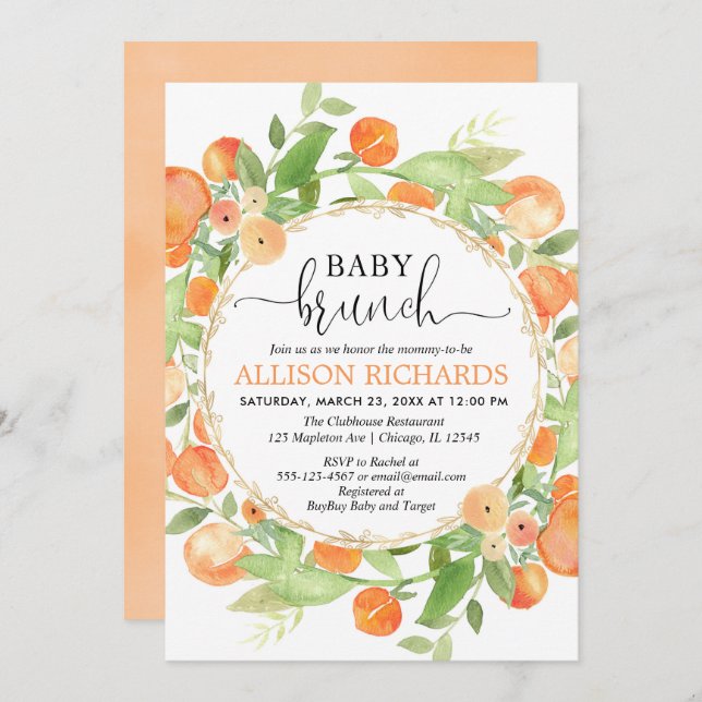 Peaches baby shower brunch, peach watercolors girl invitation (Front/Back)