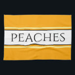 PEACHES Bright Pretty Golden Yellow White Stripes  Tea Towel<br><div class="desc">This fun classy design features PEACHES text inside a wide white centre stripe highlighted with black,  yellow,  and orange pinstripes against bright golden yellow outer stripes.  The text can be personalised.</div>