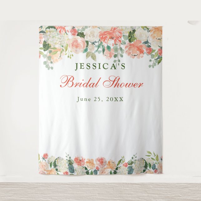 Peaches Floral Bridal Shower Photo Booth Backdrop Tapestry (Front)