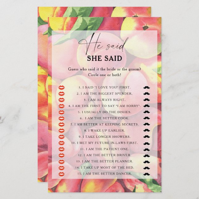Peaches - He said she said bridal shower game (Front/Back)