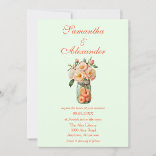 Peaches in a Mason Jar Green Floral Wedding Invitation
