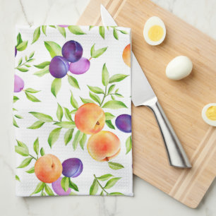 Peaches Plums Purple Cute Fruit Botanical Colourfu Tea Towel