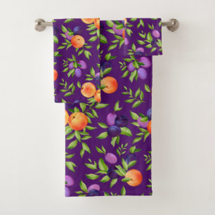 Peaches Plums Purple Cute Fruit Botanical Pattern Bath Towel Set