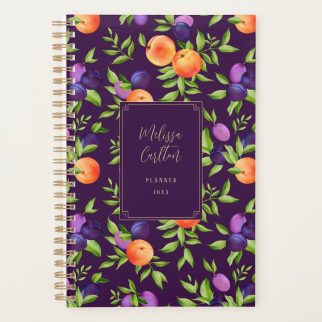 Peaches Plums Purple Cute Fruit Botanical Pattern Planner (Front)