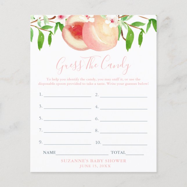 Peaches Sniff The Candy Girl Baby Shower Game Card (Front)
