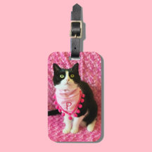 Peaches the Tuxedo Cat Pink Bandanna Luggage Tag