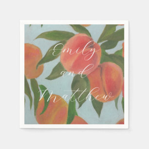 Peaches with Pale Blue Bride & Groom Napkins
