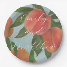 Peaches with Pale Blue Bride & Groom Paper Plate