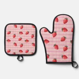 Peachify Strawberry Gingham Oven Mitt & Pot Holder Set