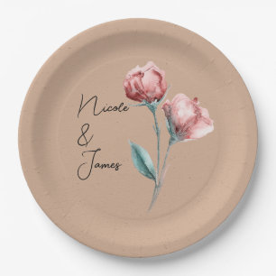 Peachy Beige Watercolor Floral Wedding Paper Plate