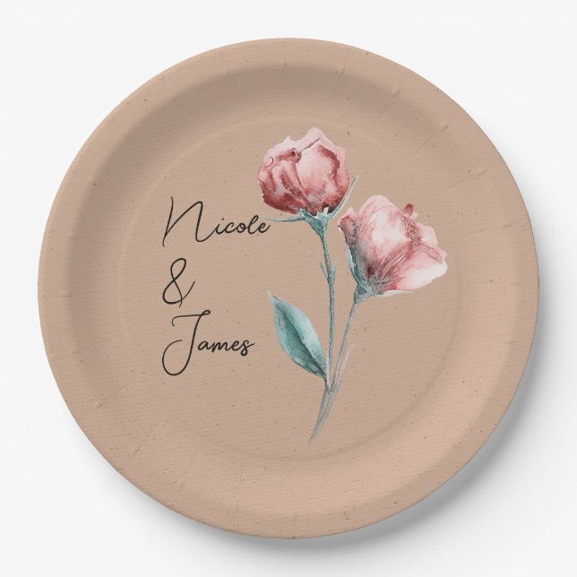 Peachy Beige Watercolor Floral Wedding Paper Plate (Front)